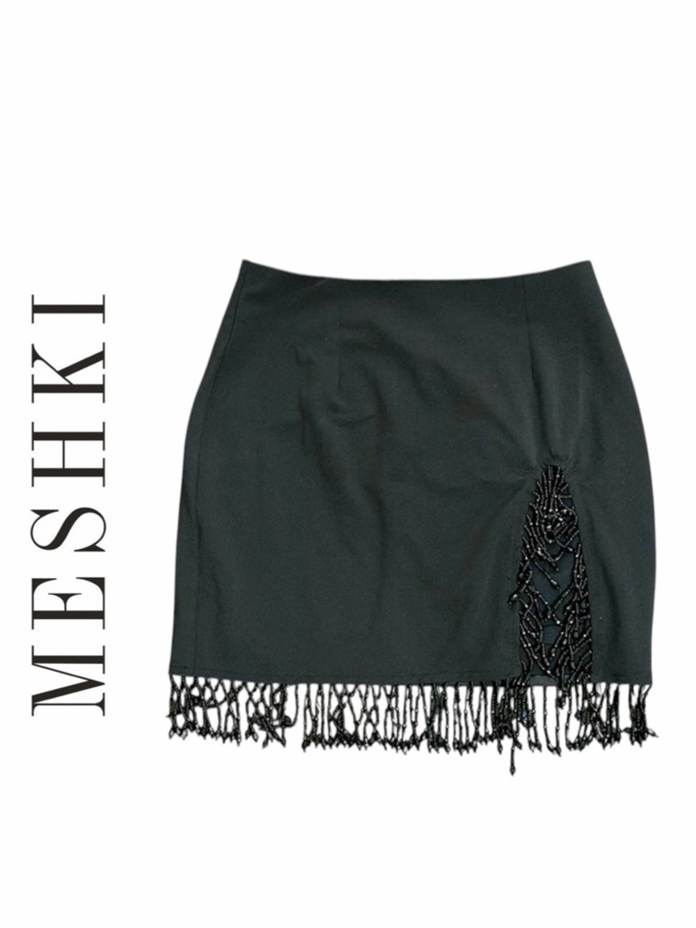 Meshki Black Beaded Fringe Mini Skirt Black Sz S Whimsigoth Goth Lolita Y2K